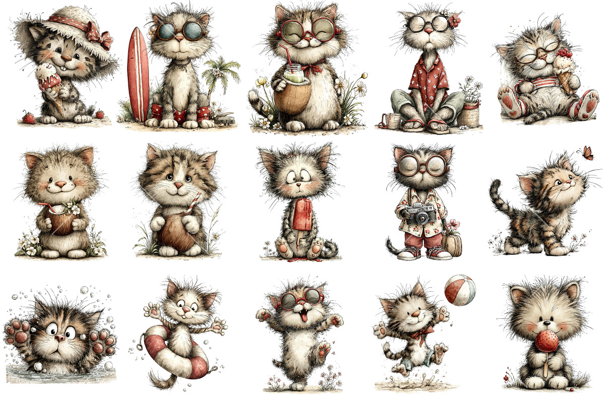 Whimsical Summer Cat Clipart, an Illustration by OK Design (Photo 3 of 6)