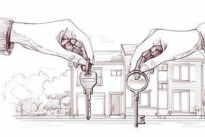 Illustration of Hands Holding House Keys Against a Residential Background, an Illustration by AS photostudio