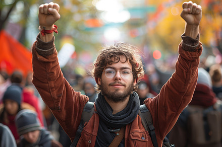 Confident young man raising fists in a vibrant crowd protest, a Photo by AS photostudio