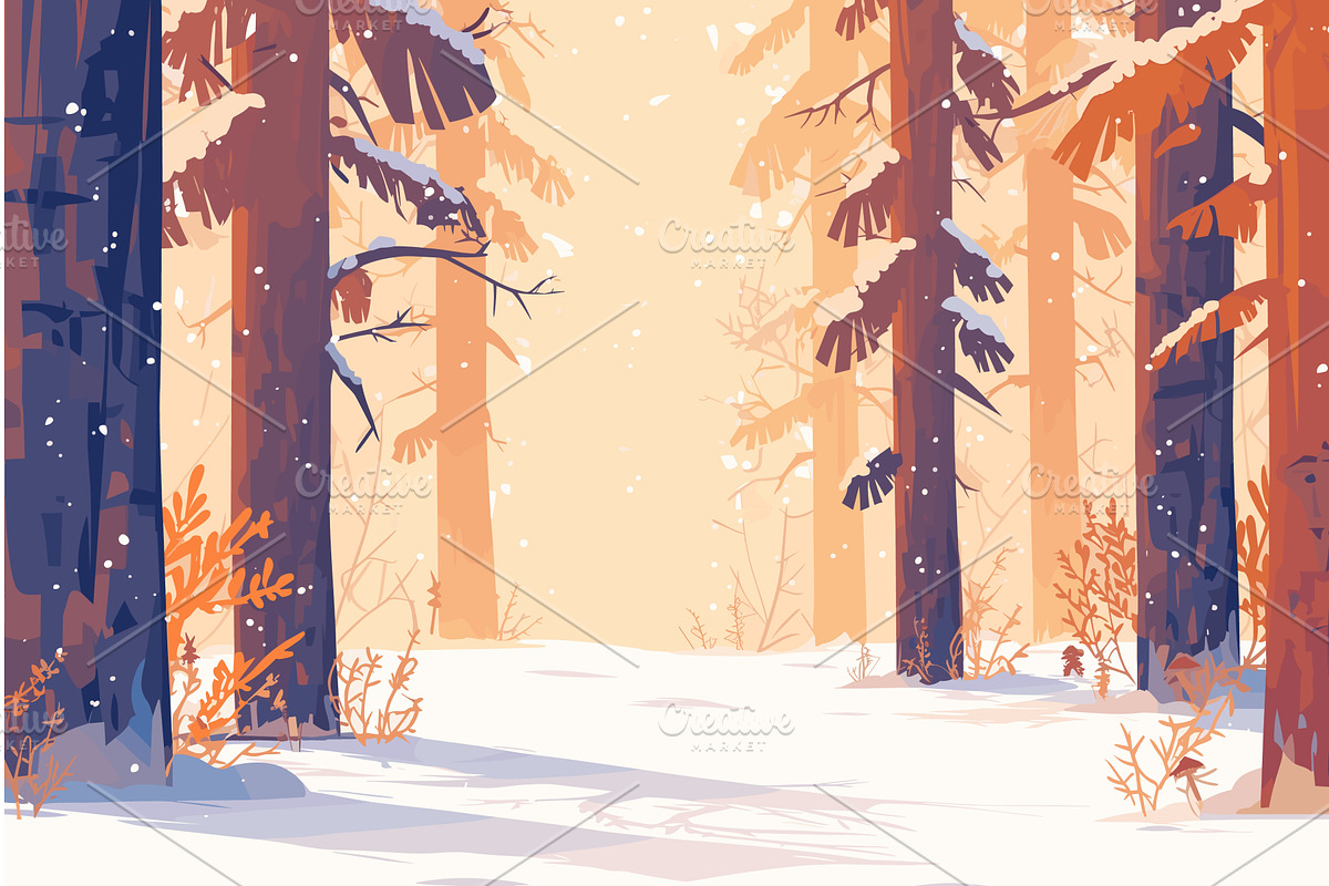 Sunny winter forest edge with pine, an Illustration by LadadikArt
