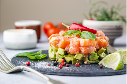 Salmon salad, tartare, a Food & Drink Photo by piter.goskov