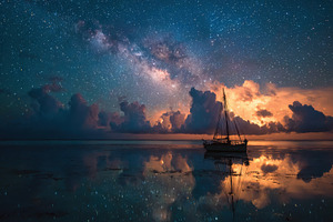 Sailboat at Sunset under Milky Way G, a Photo by Pixeness Studio