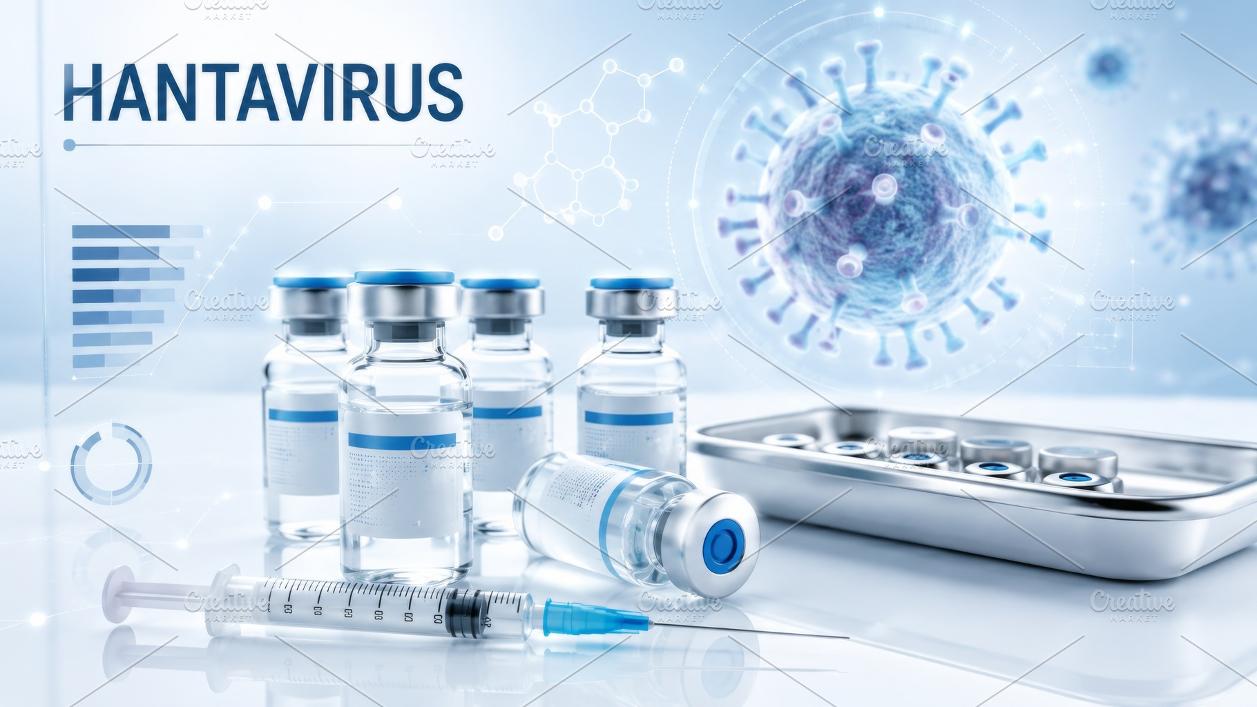 Hantavirus outbreak concept with medical vials and syringe on sc, a Photo by Dvoevnore photos