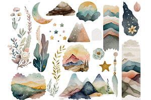 Boho Starry Night Mountain Clipart