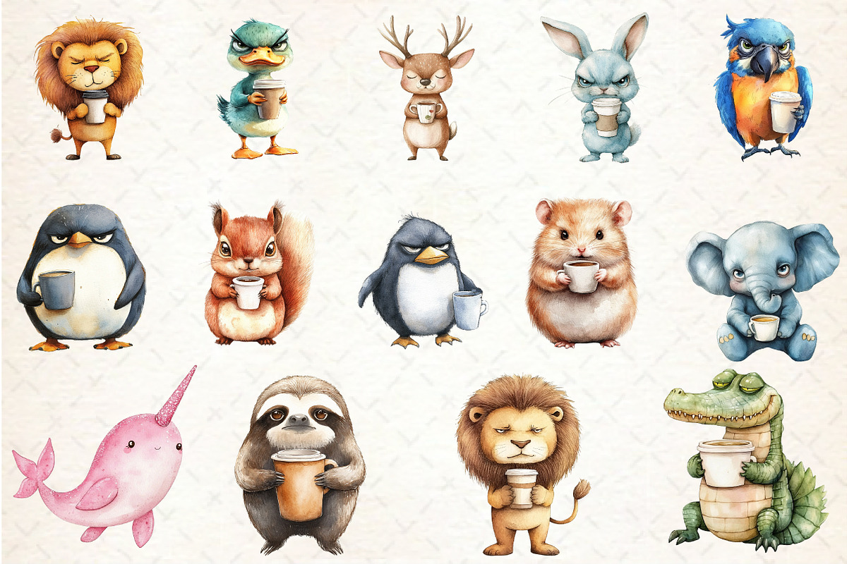 Grumpy Coffee Animals clipart, an Illustration by Rose Art (Photo 2 of 4)