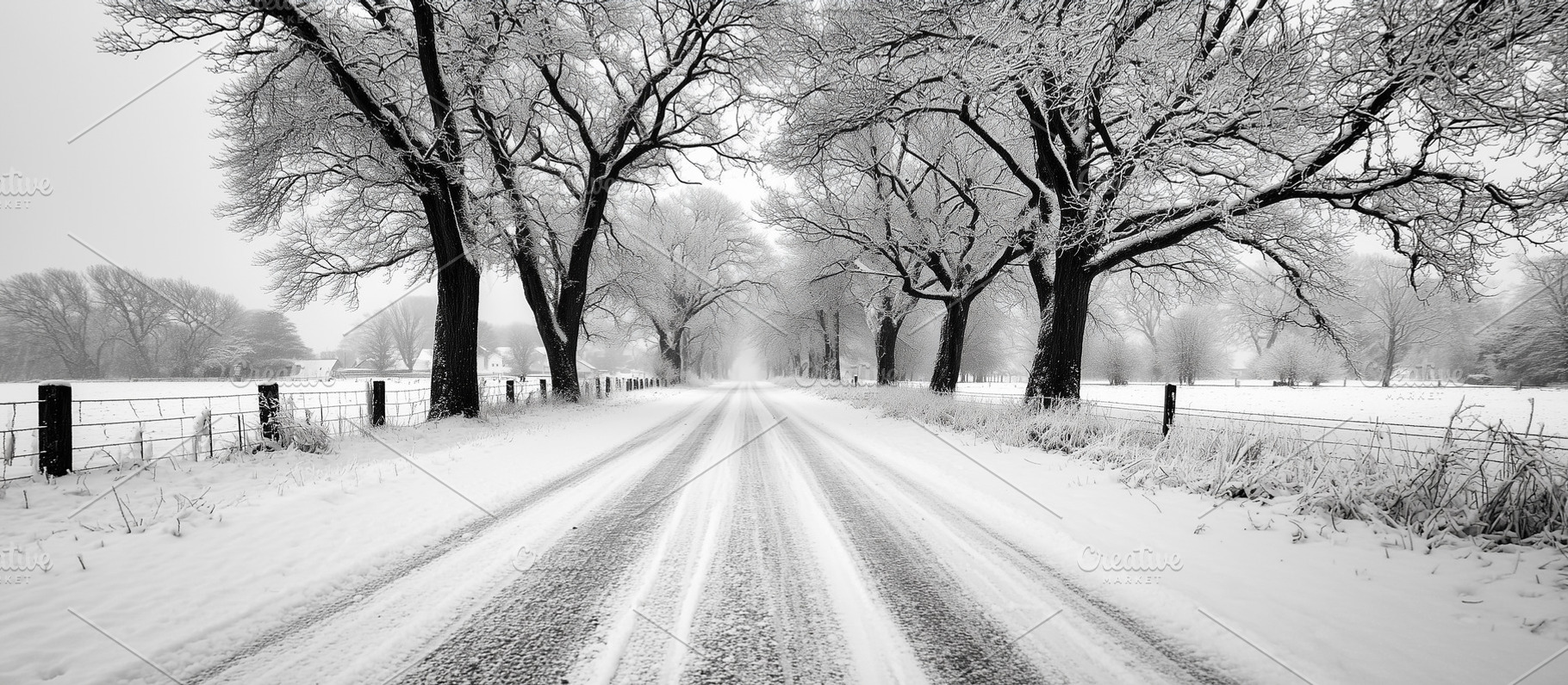 Snow-covered road lined with trees, a Nature Photo by MistyDay