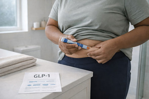 GLP1 treatment concept showing person injecting medication in a, a Photo by Dvoevnore photos