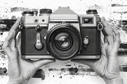 Black and White Image of Hands Holding a Vintage Camera Against a Grunge Backgr, a Photo by AS photostudio