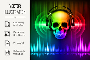 Skull in headphones. Disco backgroun, a Background Graphic by DvargShop