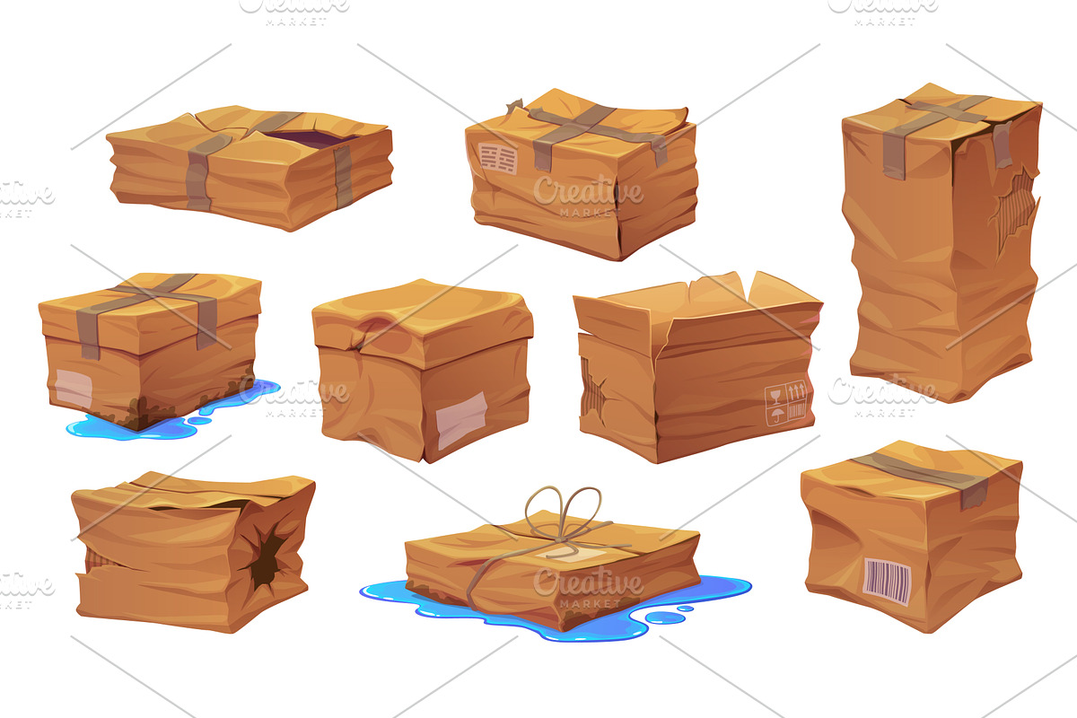 Damaged crumpled boxes, an Object Illustration by Vector Tradition