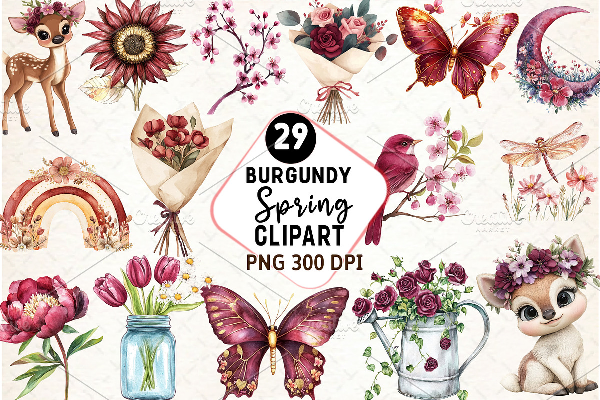Burgundy Spring Sublimation Clipart, an Illustration by Watercolor design (Photo 1 of 4)