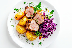 Roasted pork with seasoned potatoes, a Photo by Pavel_design