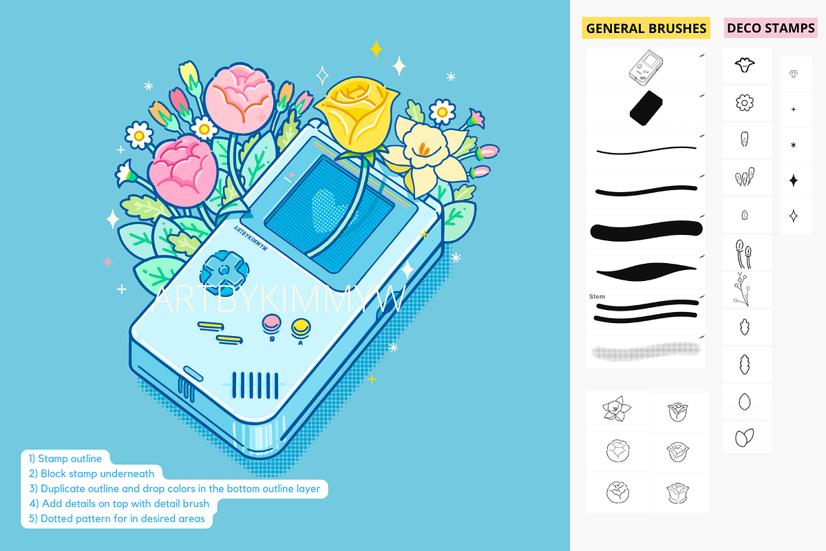 Procreate Kawaii Art Floral Brushes, a Brush Add-On by Artbykimmyw (Photo 5 of 11)