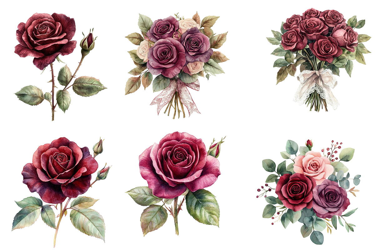 Vintage Burgundy Roses Clipart, an Illustration by Designworld (Photo 3 of 6)