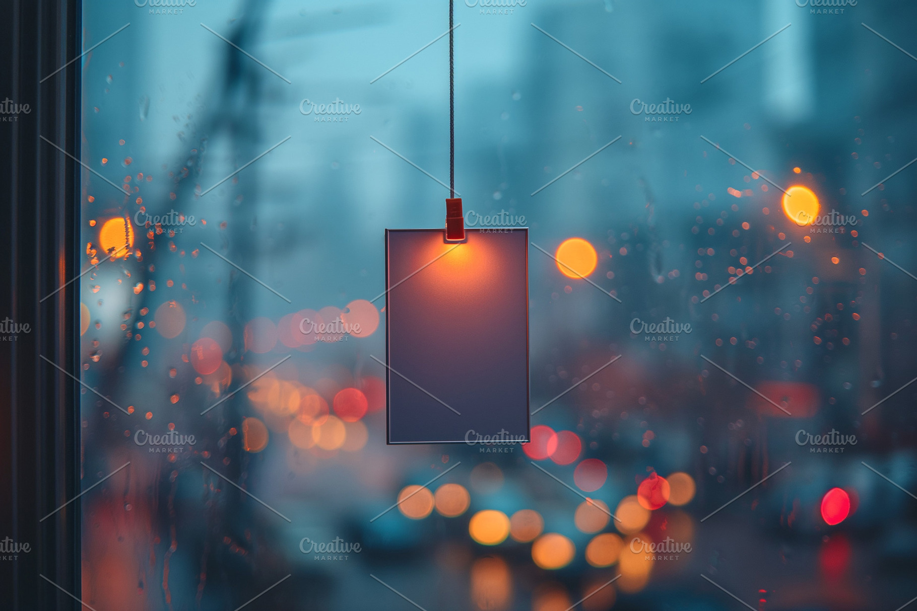 A blank card hangs against a rainy window, illuminated by city lights, creating, a Business Photo by ImageMir