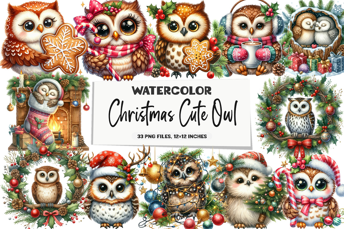Christmas Cute Owl Sublimation Clipa, an Illustration by DreamArtGraphic (Photo 1 of 5)