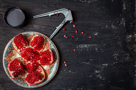 Pomegranates featuring appetizer arugula background bio bowl bunch closeup, a Food & Drink Photo by piter.goskov