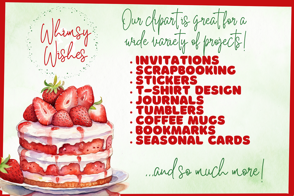 Strawberry Cake Watercolor Clip Art, a Food Illustration by Whimsy & Wishes (Photo 4 of 5)