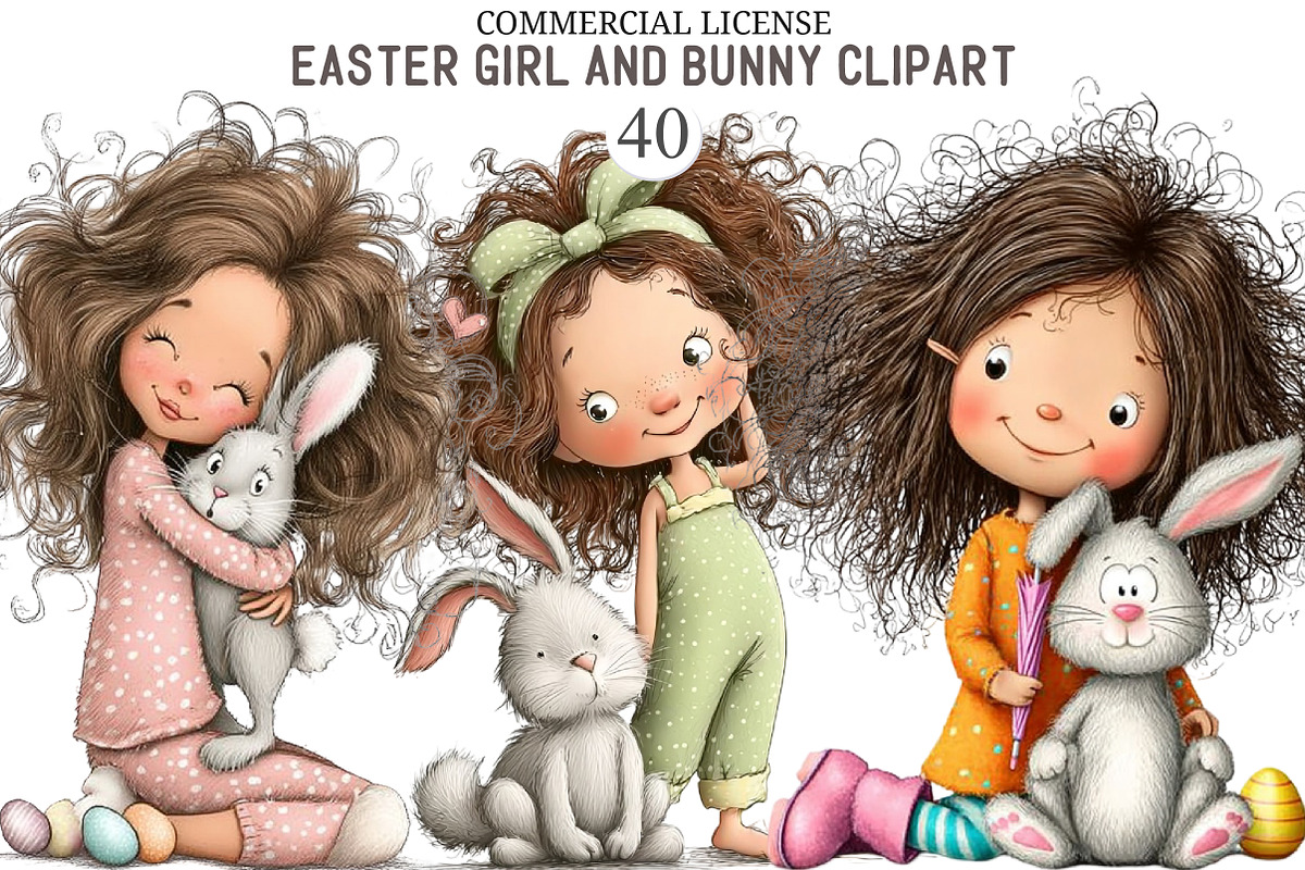 Whimsical Easter Girl and Bunny Clip, an Illustration by designcity5 (Photo 1 of 5)