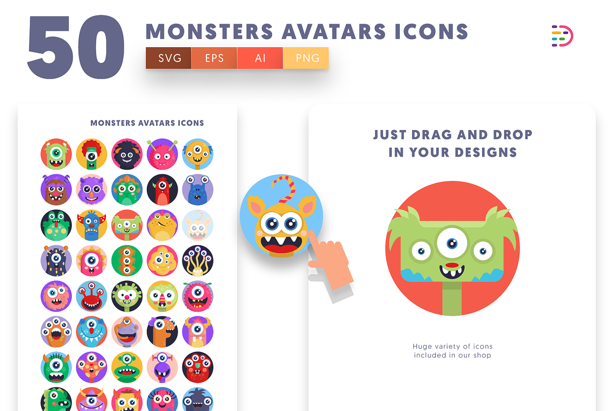 50 Monsters Avatars Icons, an Outline Icon by Dighital (Photo 5 of 10)