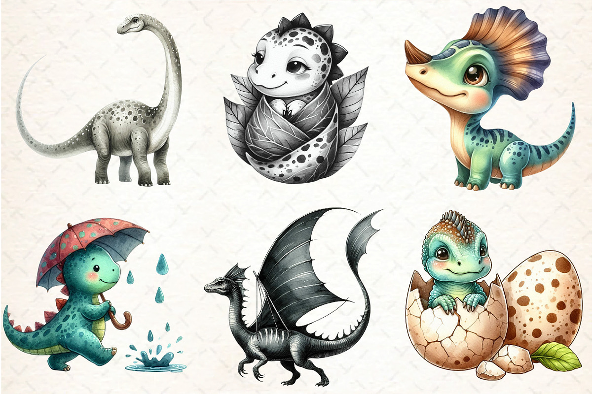 Watercolor Dinosaur Clipart Black an, an Illustration by DreamCafeArt (Photo 3 of 7)
