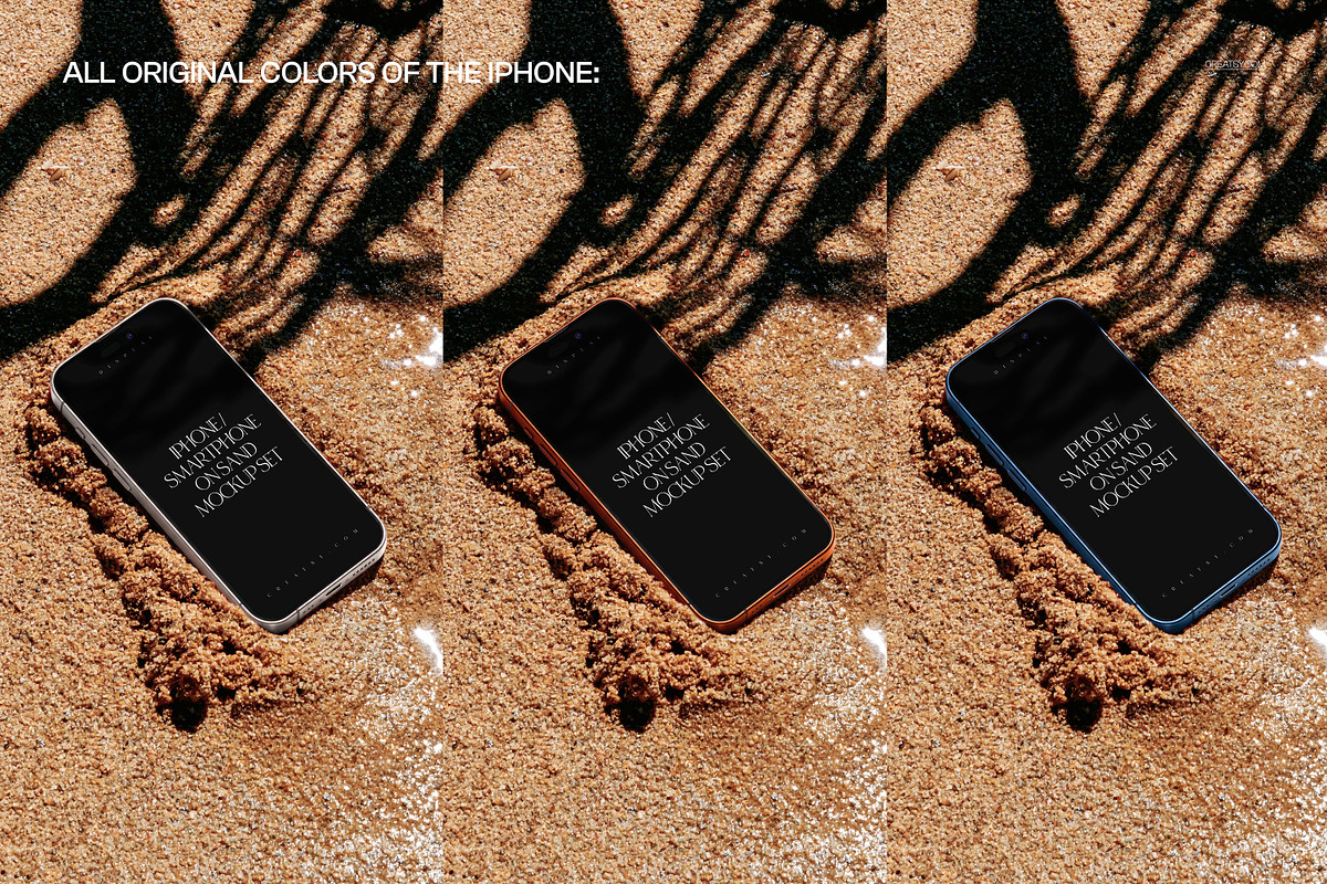 iPhone Smartphone on Sand Mockup Set, an iPhone Mockup by creatsy5 (Photo 4 of 8)