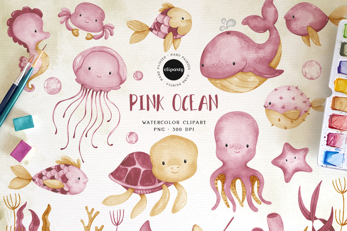 Pink Ocean Animals Clipart, an Illustration by Gau Silva Studio (Photo 1 of 4)