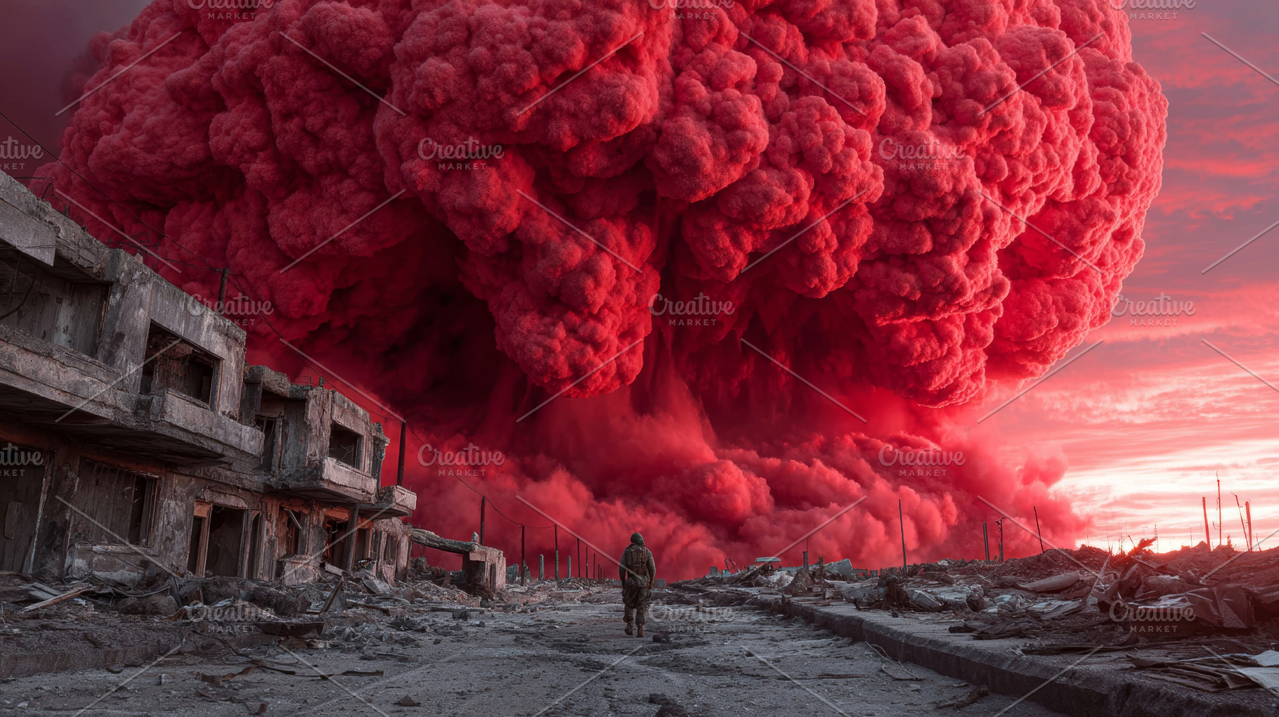 Vivid red explosion clouds rise over destroyed urban landscape, depicting war's, a Photo by AS photostudio
