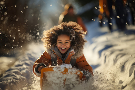 Joyful African Girl Sledding Down Snowy Hill During Winter Playtime, a Photo by AS photostudio