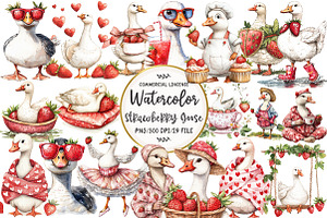 Watercolor Strawberry Goose Clipart, an Illustration by OK Design