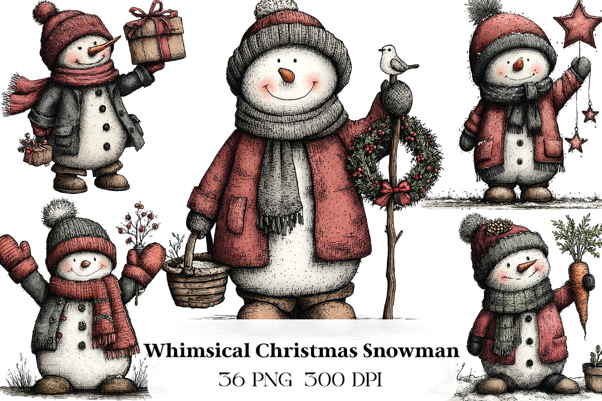Whimsical Christmas Snowman Clipart, an Illustration by CraftArtStudio (Photo 1 of 6)