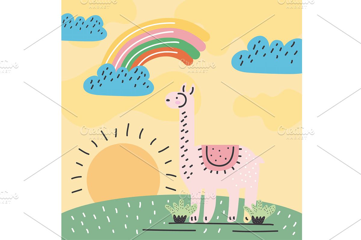 alpaca in landscape doodle, an Animal Illustration by studiogstock