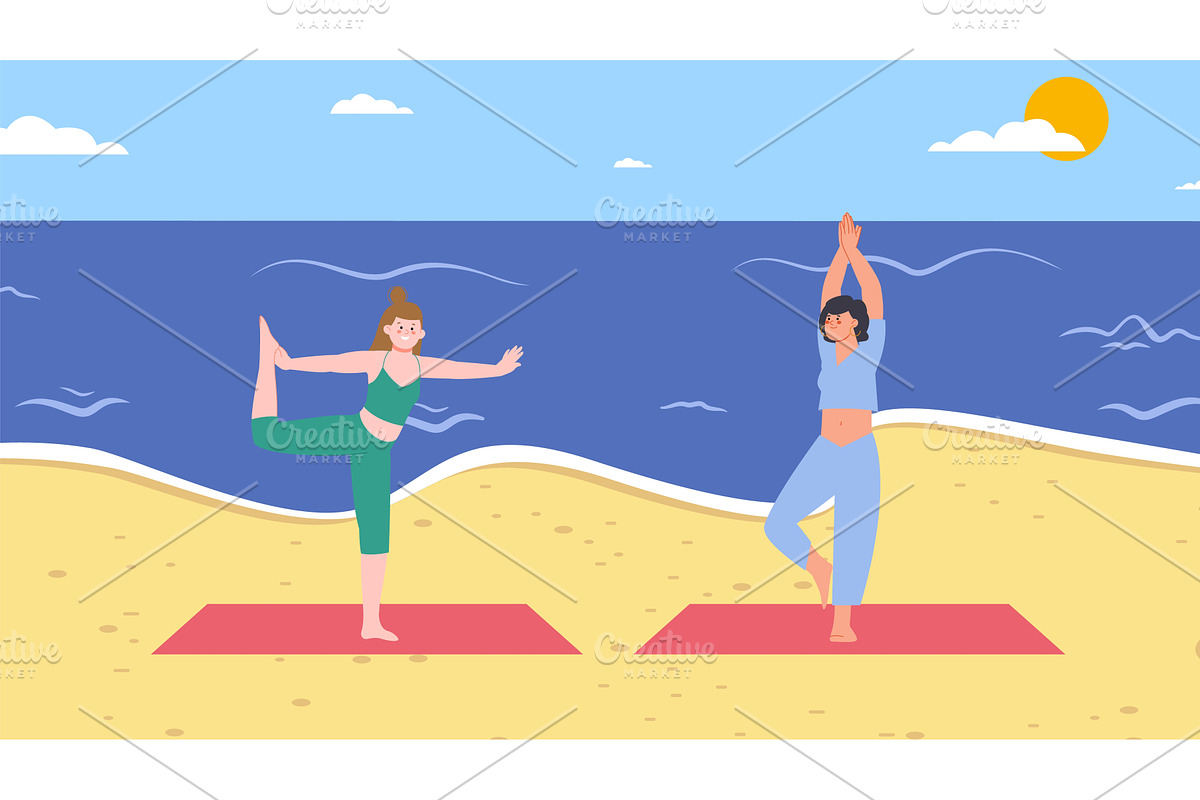 Young girls doing yoga exercises on, a Sport Illustration by LadadikArt