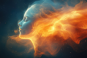 Ethereal woman with flowing flames and cosmic backdrop, an Abstract Photo by AlyaAnd