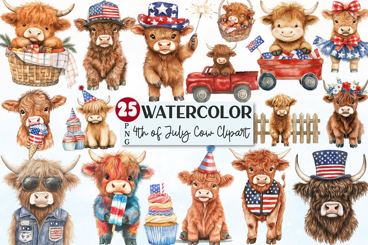 4Th of July Cute Highland Cow Clipar, a Seasonal Illustration by Rose Art (Photo 1 of 4)