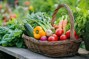 Basket of fresh vegetables on bench, a Nature Photo by MistyDay