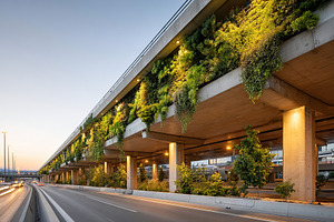 Overpass transformed into vertical garden enhances urban landscape at dusk, a Photo by AlyaAnd