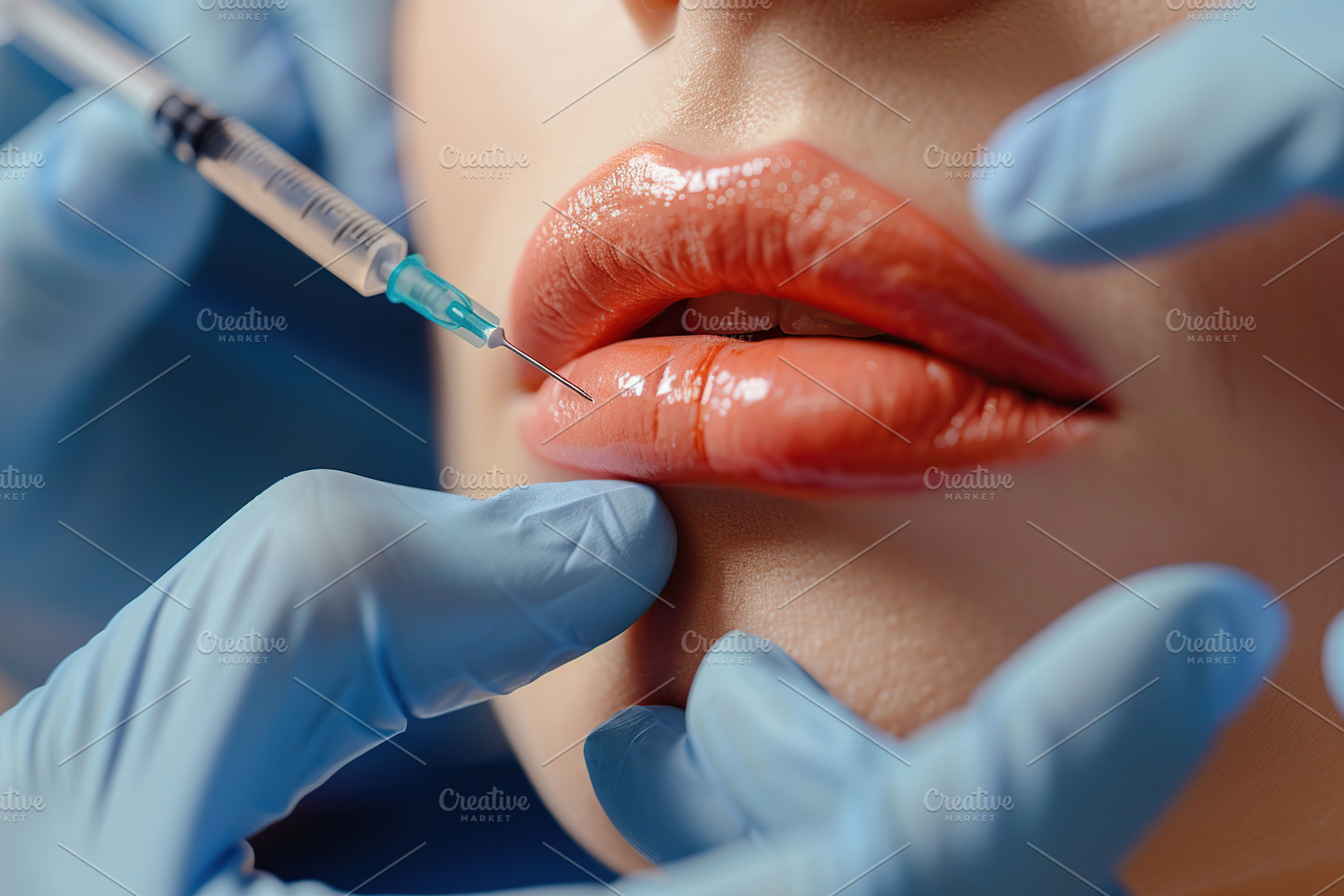 Closeup of young woman getting hyaluronic acid injection in lips, a Health & Medical Photo by AlyaAnd