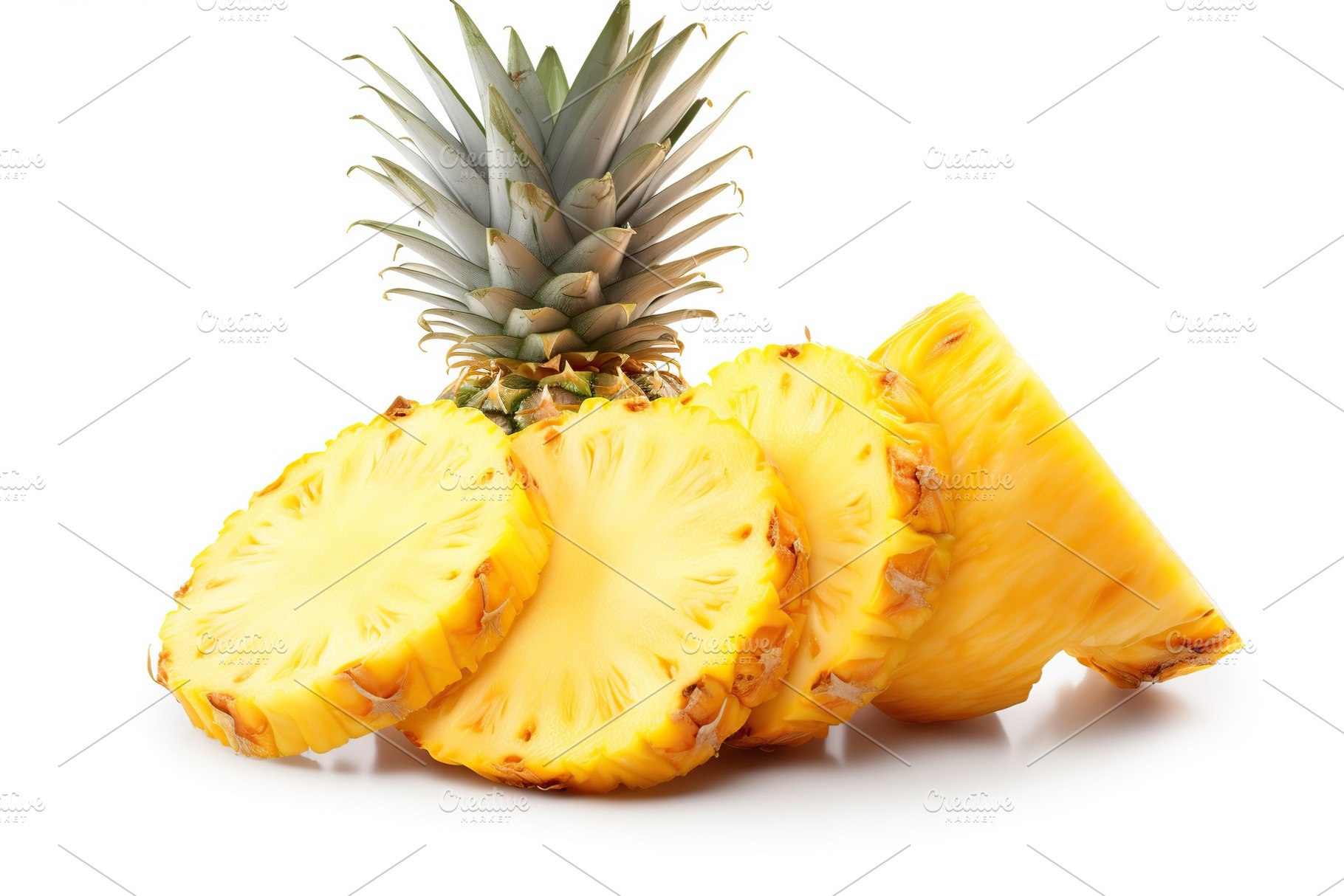 Ripe sliced pineapples on white background, a Food & Drink Photo by AlyaAnd
