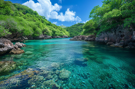 A serene lagoon with crystal-clear t, a Photo by Tanuart