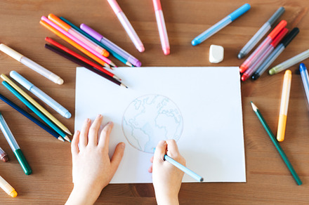 Child girl drawing with colorful pencils, an Arts & Entertainment Photo by Olena Rudo