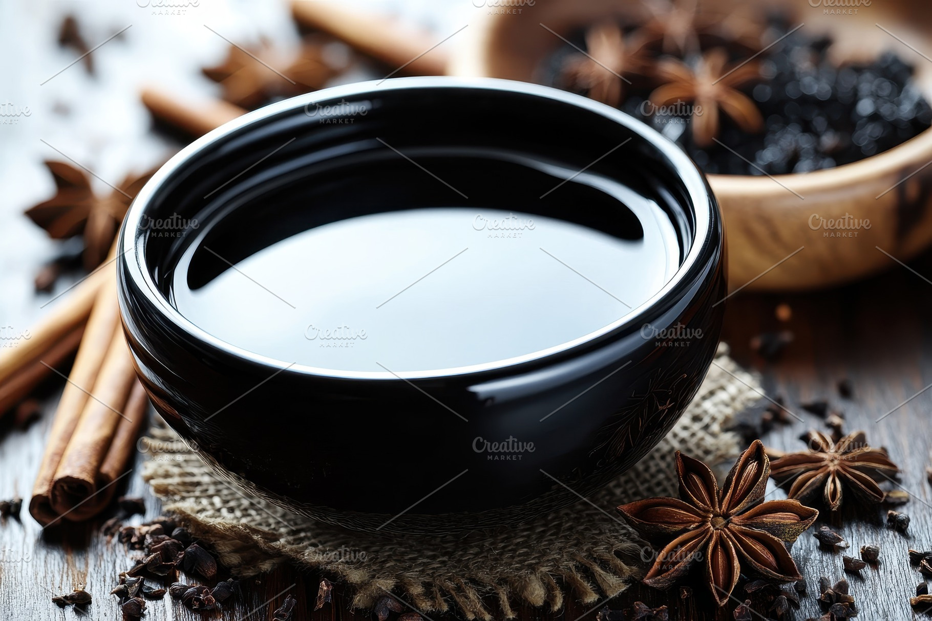Spices surround fragrant syrup bowl, a Photo by Pavel_design