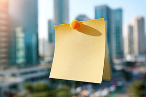 Oversized blank sticky note pinned against a cityscape backdrop with modern bui, a Photo by AlyaAnd