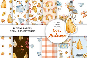 Watercolor Autumn Seamless Patterns