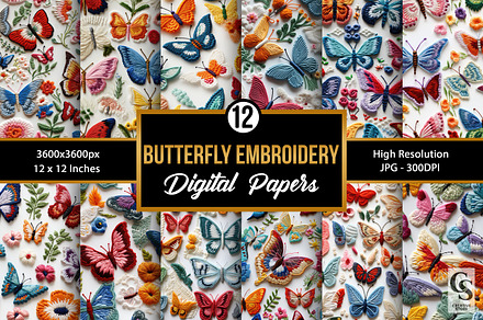 "Butterfly Embroidery Digital Papers", a Pattern Graphic by Creative Store