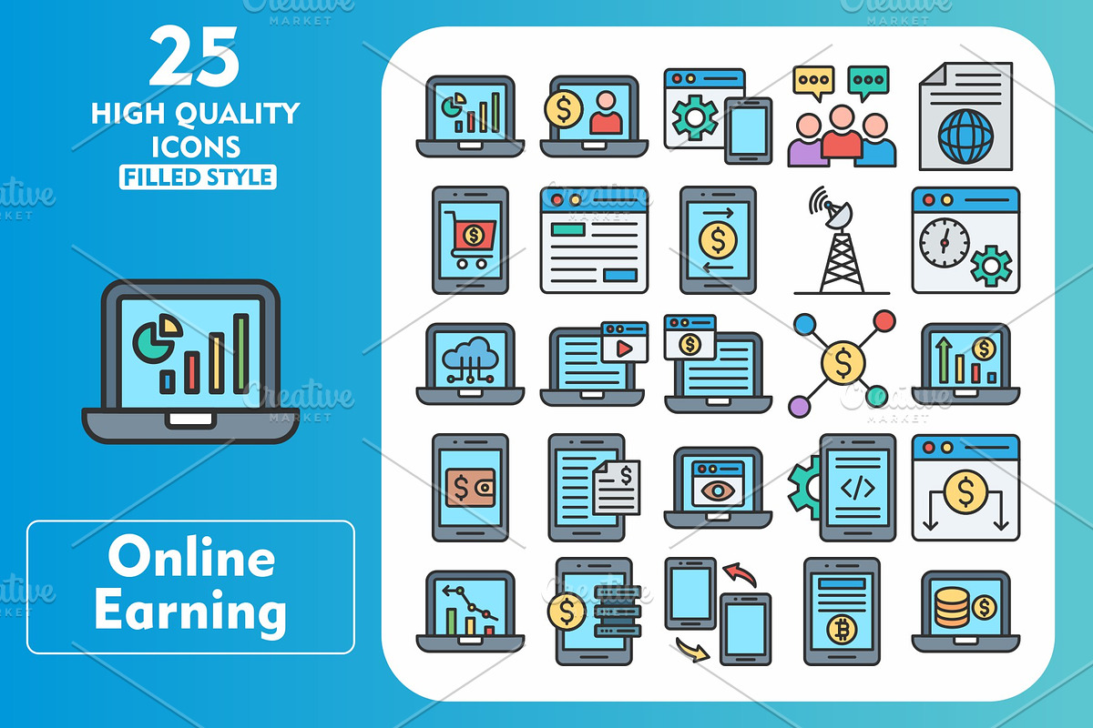 Online Earning 25 Line Filled Icons, an Icon by Pexelpy