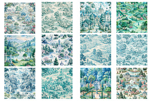 Mint French Country Toile Fabric, a Pattern Graphic by Wow Magic