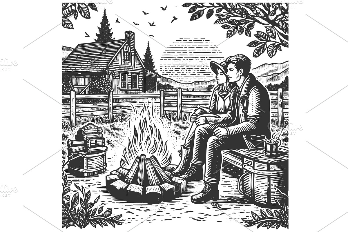 couple by campfire near cabin at, a Person Illustration by AlexArt