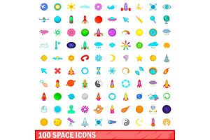 100 Space Icons Set, Cartoon Style