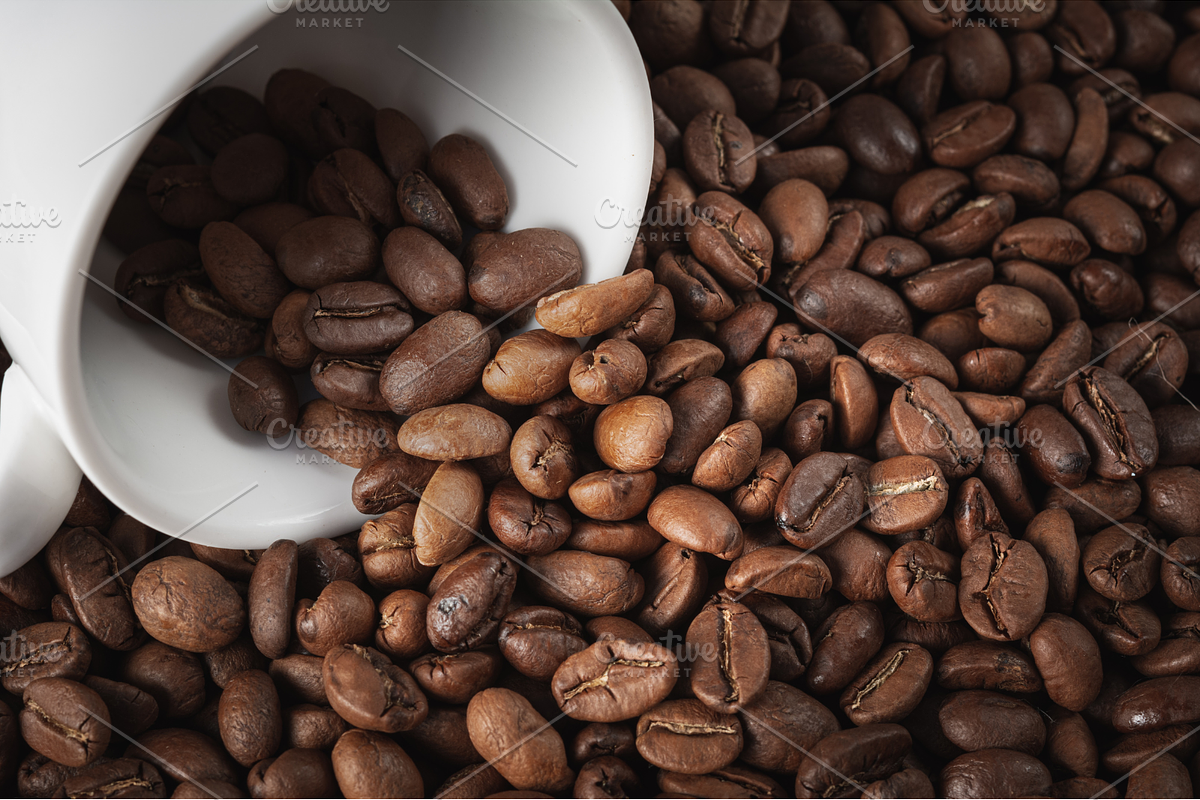 Coffee beans and white cup of coffee, a Food & Drink Photo by Print Haven Mochi Vintage (Photo 3 of 5)